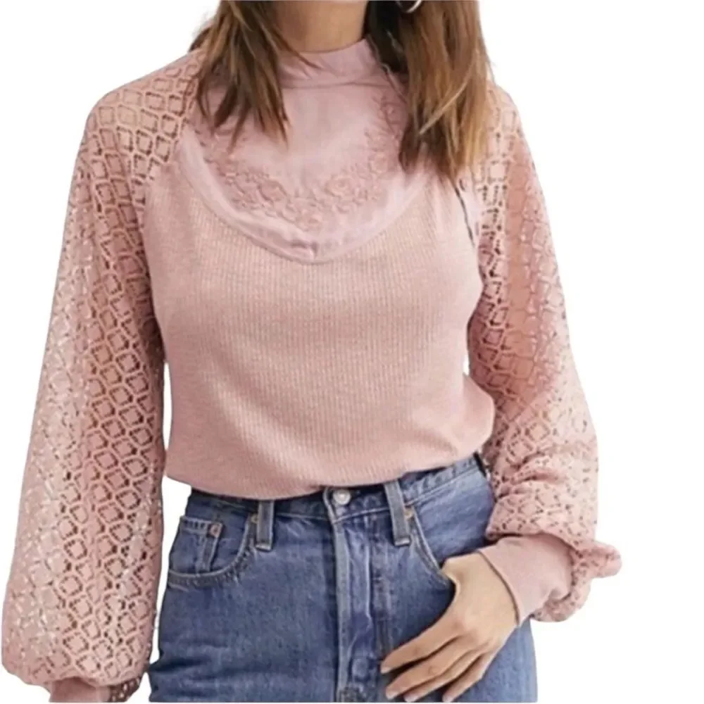 Free People Sweetest Thing Pink Lace Sleeve Thermal Top Size XS